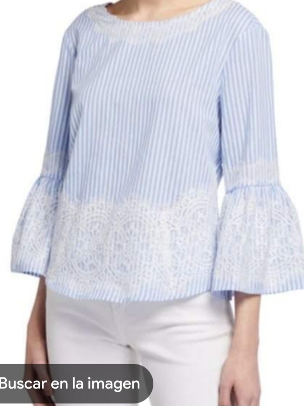 Zac & Rachel NWT L Light Blue & White Striped Lace-Hem Bell Sleeve Top